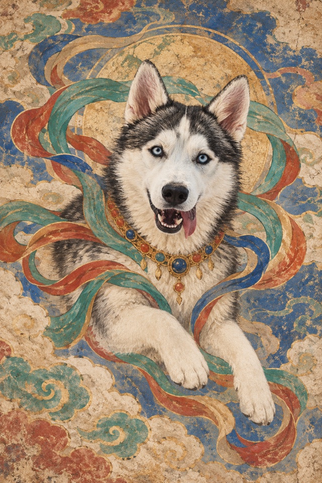 AI image of a Siberian Husky painted in the style of an ancient cave mural, surrounded by flowing ribbons