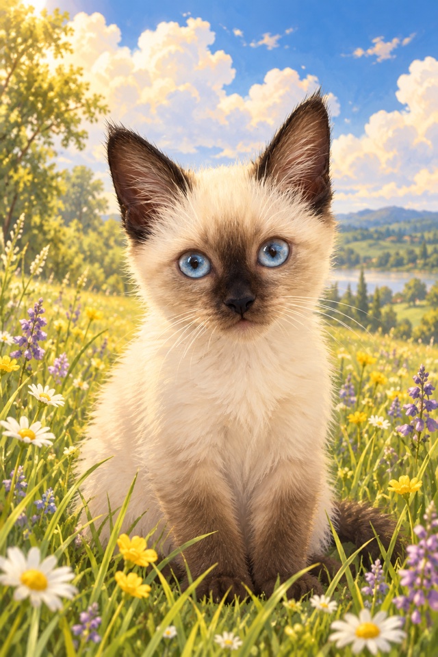 AI image of a Siamese cat in a soft hand-painted anime style, sitting in a sunny meadow under summer clouds