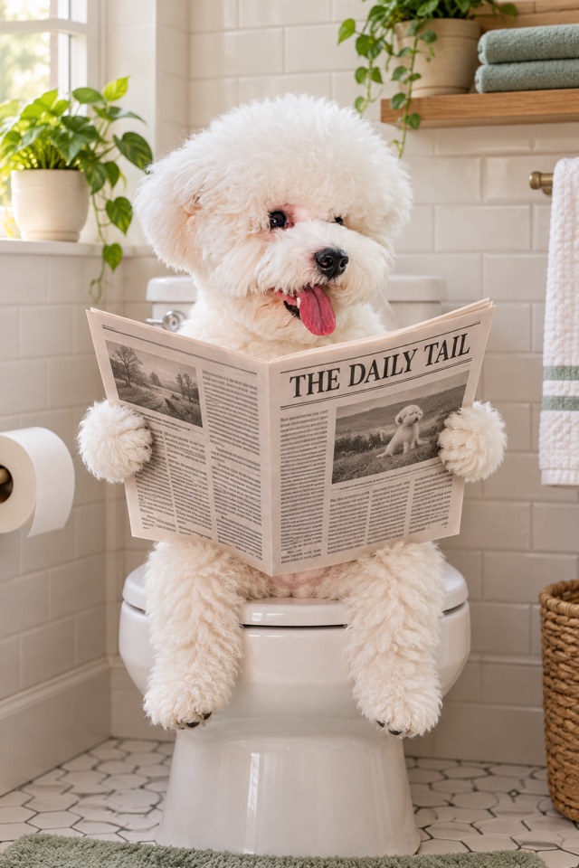 AI image of a white Bichon Frise sitting on a toilet reading a newspaper in a bright bathroom