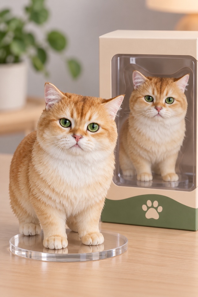 AI image of a golden British Shorthair cat as a small collectible figure on a clear stand next to its window display box