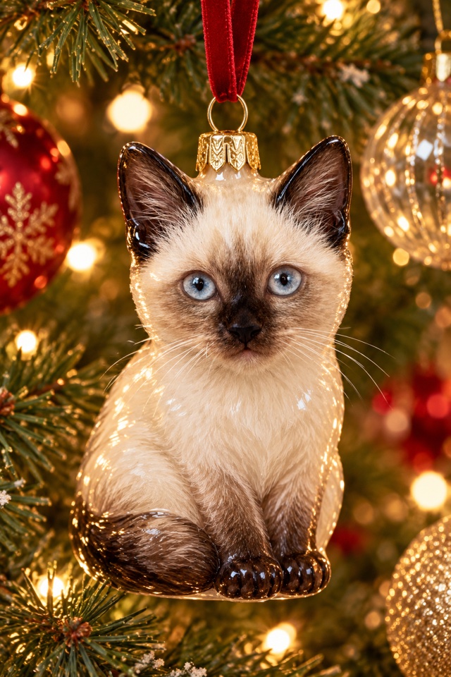 AI image of a Siamese cat as a glossy Christmas ornament hanging on a decorated tree