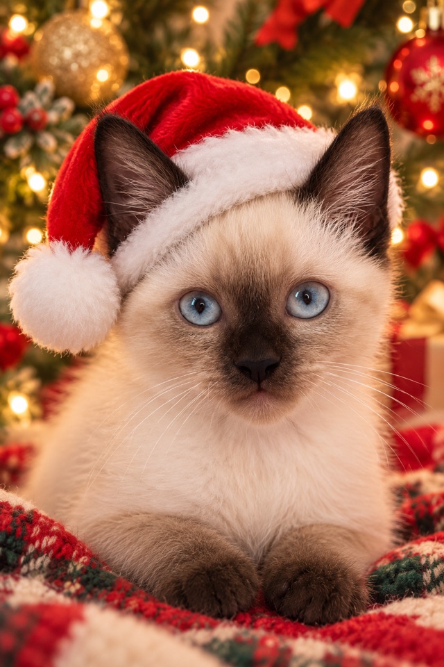 AI image of a Siamese cat wearing a red Santa hat in front of a lit Christmas tree