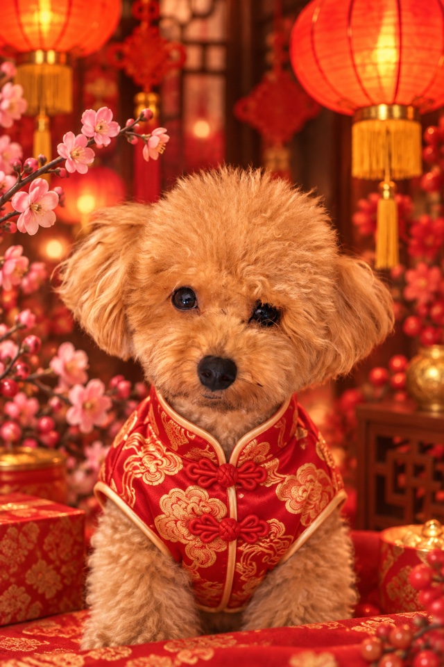 AI image of a red toy poodle wearing a red and gold traditional jacket among red lanterns and plum blossoms