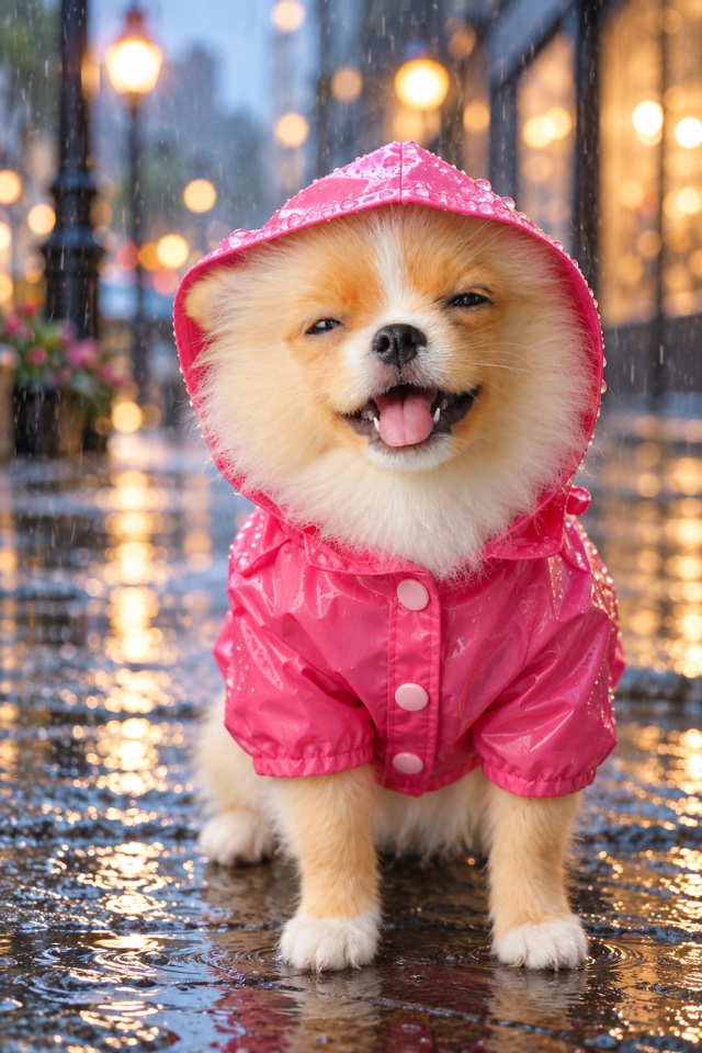 AI image of a Pomeranian wearing a shiny pink hooded raincoat on a rainy city street at night
