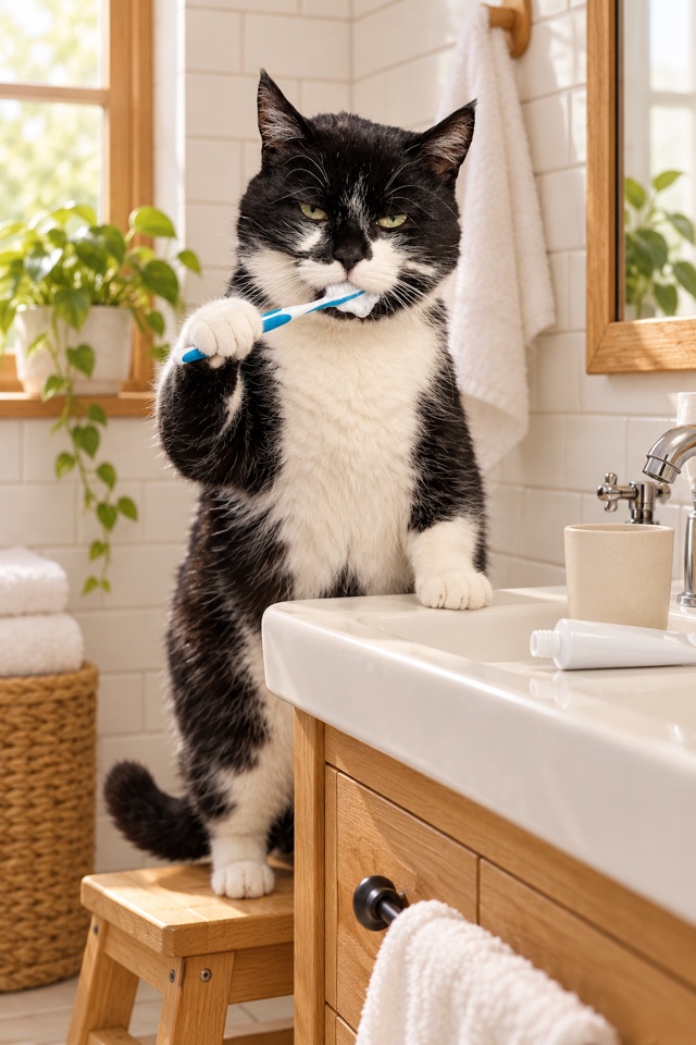 AI image of a black-and-white tuxedo cat brushing its teeth at a bathroom sink