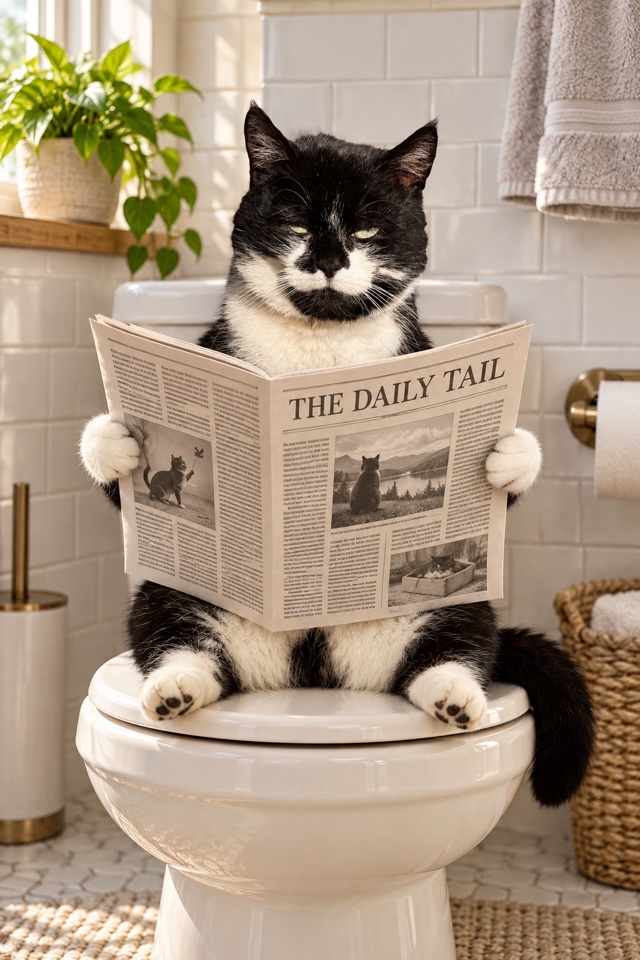 AI image of a black-and-white tuxedo cat sitting on a toilet reading a newspaper in a bright bathroom