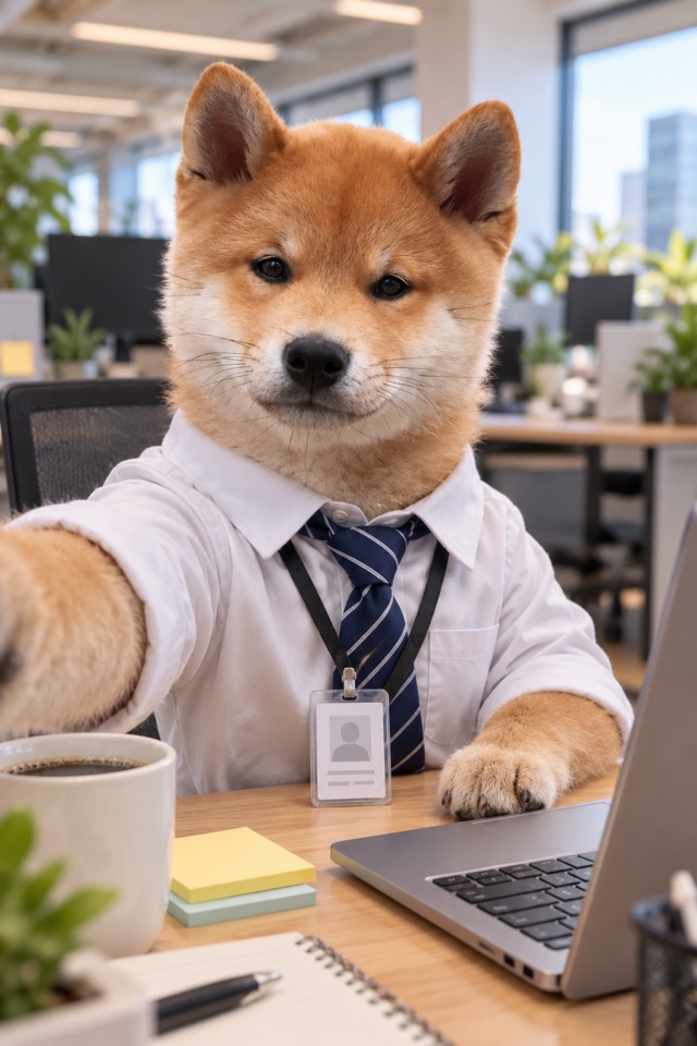 AI image of a Shiba Inu in a white shirt, tie and ID badge, taking a selfie at an office desk