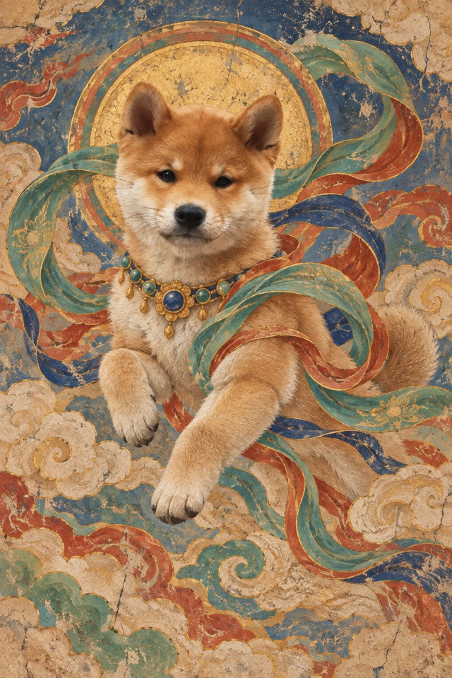 AI image of a Shiba Inu painted in the style of an ancient cave mural, surrounded by flowing ribbons