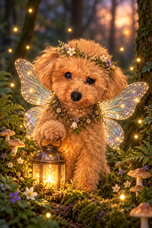 AI image of a red toy poodle as a forest fairy with glowing wings and a flower wreath, holding a small lantern among mushrooms