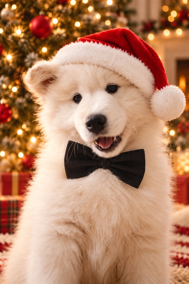 AI image of a white Samoyed puppy wearing a red Santa hat in front of a lit Christmas tree