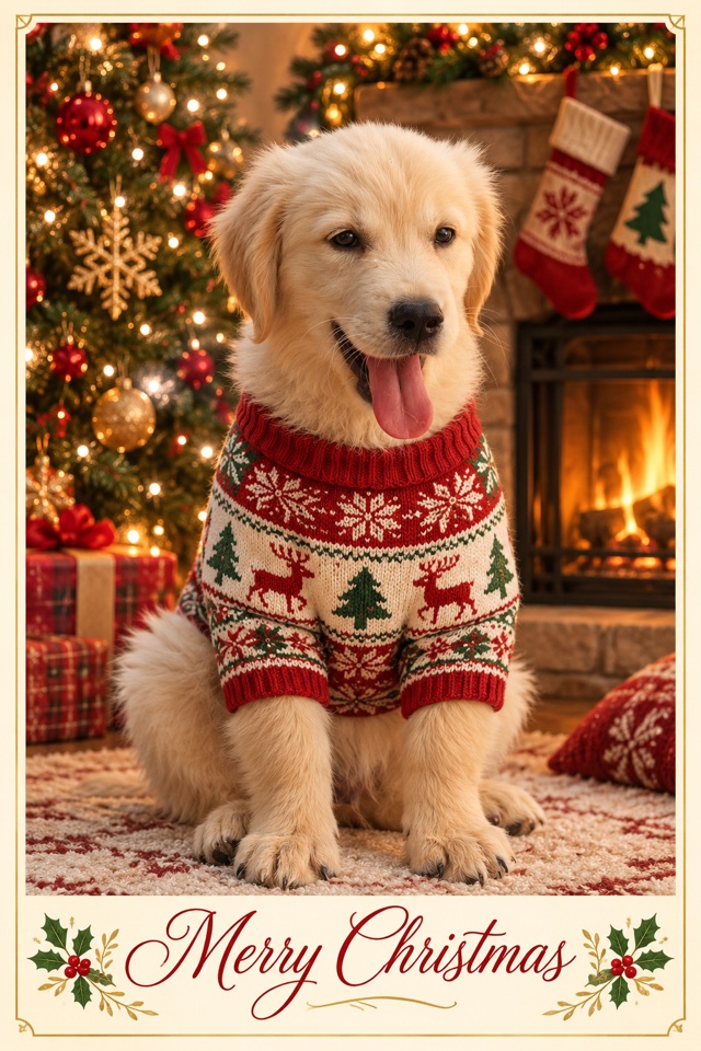 AI image of a golden retriever puppy wearing a red Christmas sweater by a fireplace, on a card that reads Merry Christmas