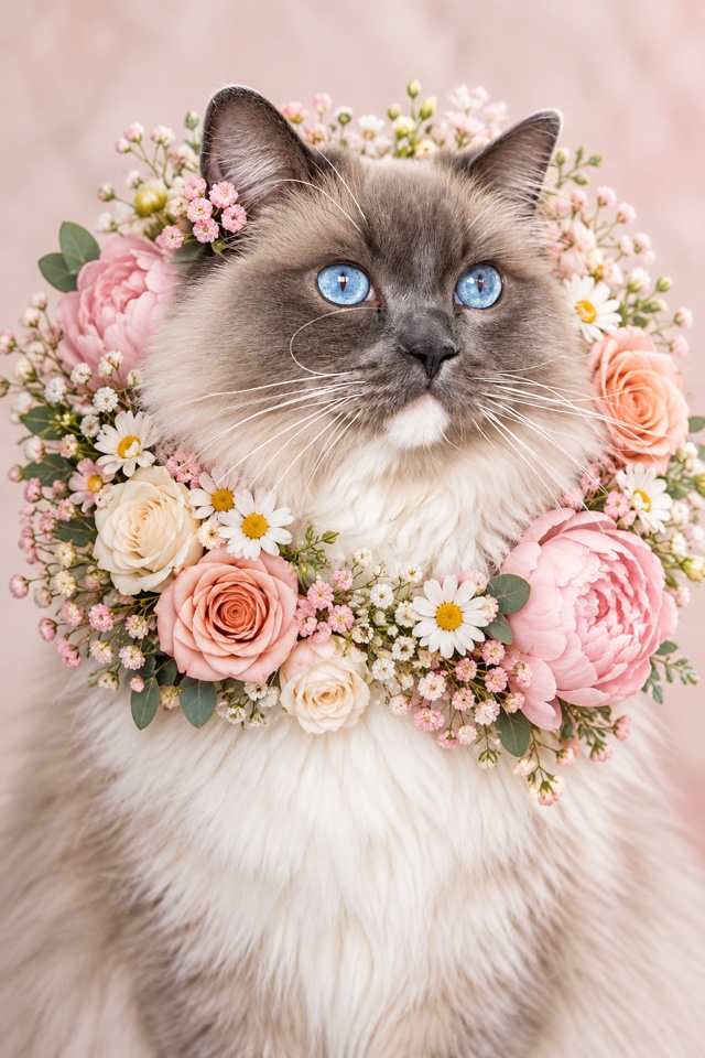 AI image of a blue-eyed ragdoll cat wearing a large crown of pink peonies, roses and daisies