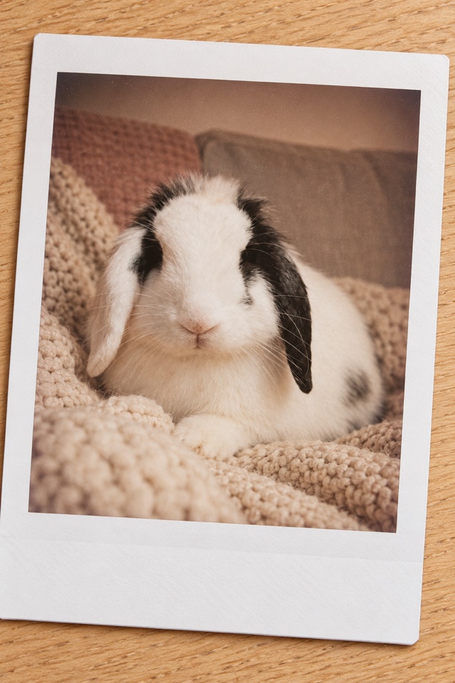 AI image of a black-and-white lop-eared rabbit resting on a knit blanket, shown as an instant-film print with a white border