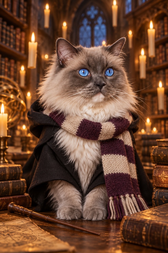 AI image of a blue-eyed ragdoll cat as a little wizard in a black robe and a striped scarf, in a candlelit library
