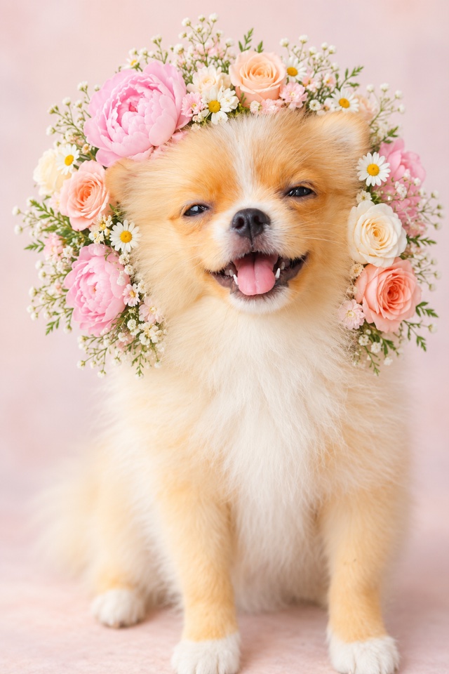 AI image of a Pomeranian wearing a large crown of pink peonies, roses and daisies