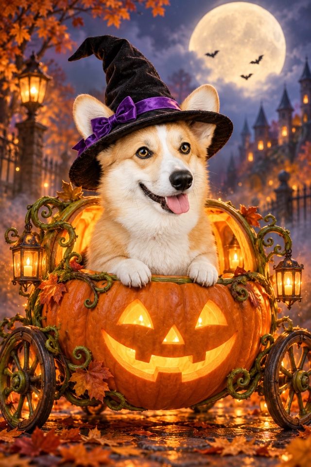 AI image of a corgi wearing a witch hat in a glowing jack-o'-lantern carriage under a full moon