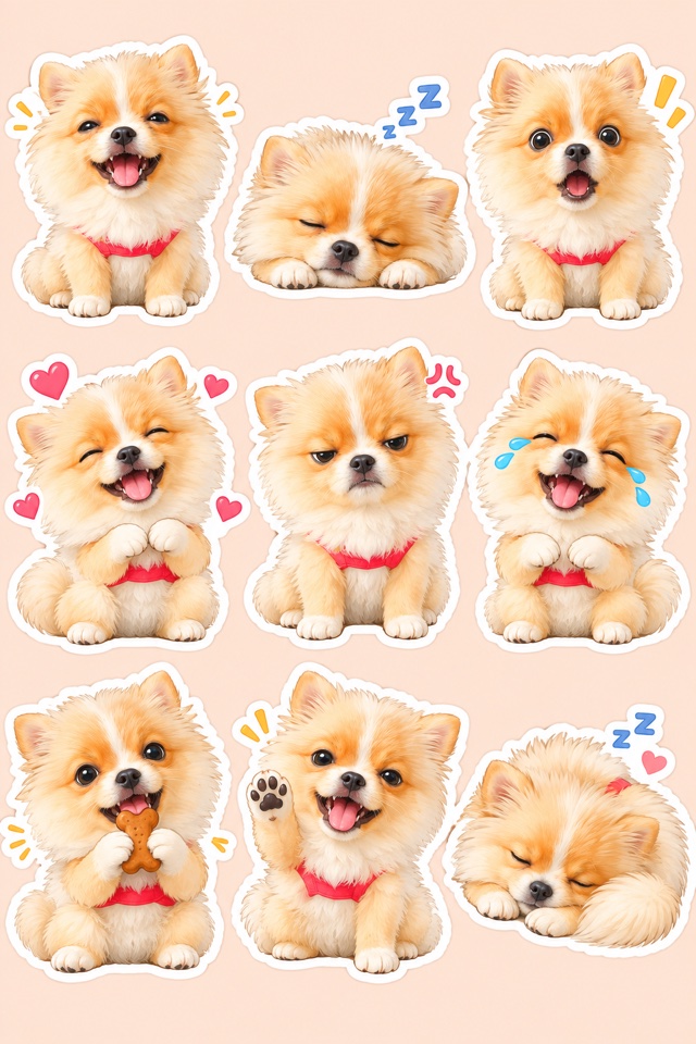 AI image of a Pomeranian as a sheet of nine cartoon stickers, each with a different expression