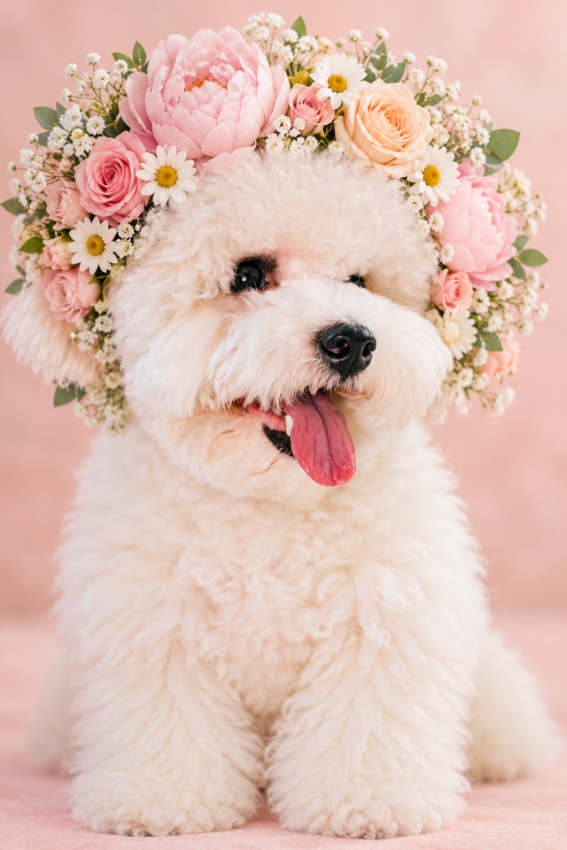 AI image of a white Bichon Frise wearing a large crown of pink peonies, roses and daisies
