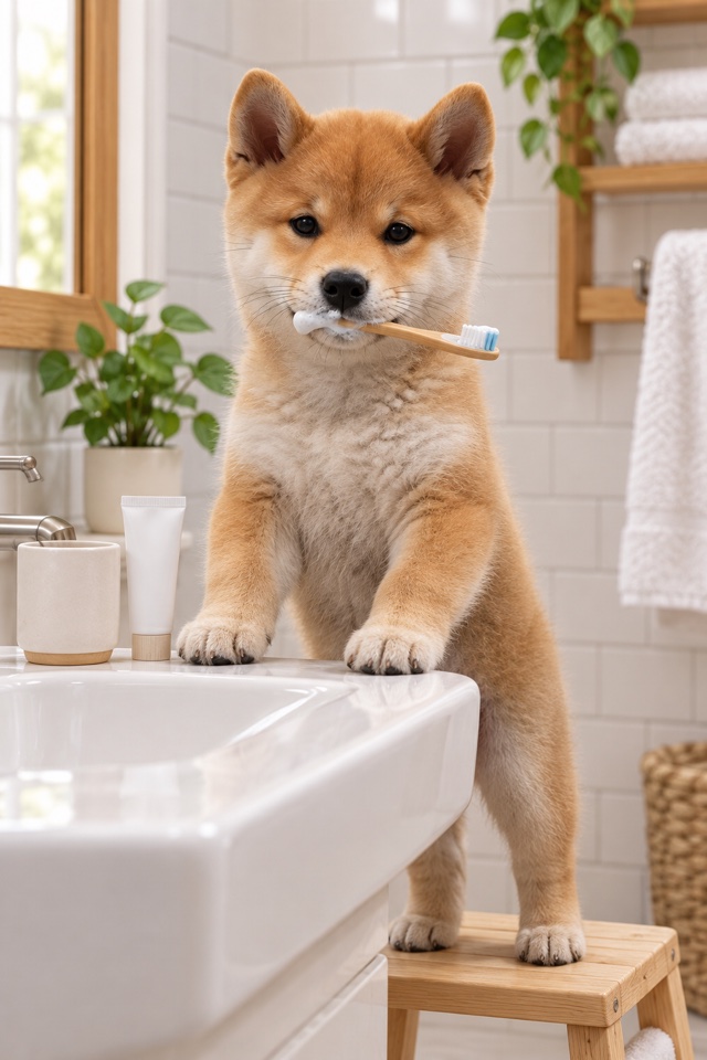 AI image of a Shiba Inu brushing its teeth at a bathroom sink