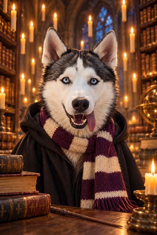 AI image of a Siberian Husky as a little wizard in a black robe and a striped scarf, in a candlelit library