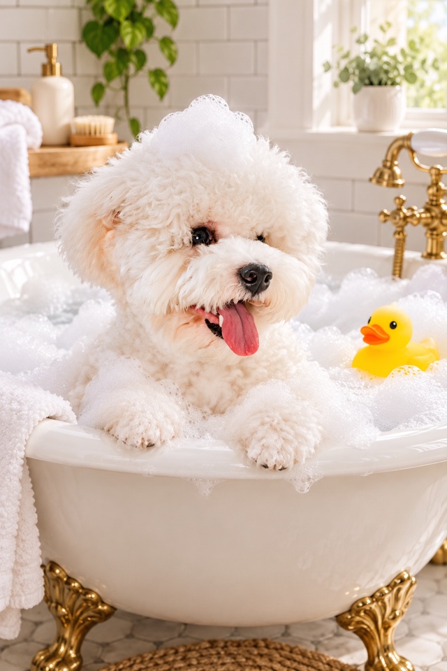 AI image of a white Bichon Frise in a clawfoot bathtub full of bubbles with a rubber duck