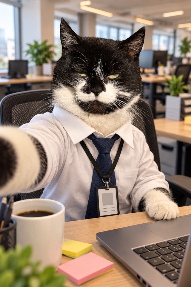 AI image of a black-and-white tuxedo cat in a white shirt, tie and ID badge, taking a selfie at an office desk