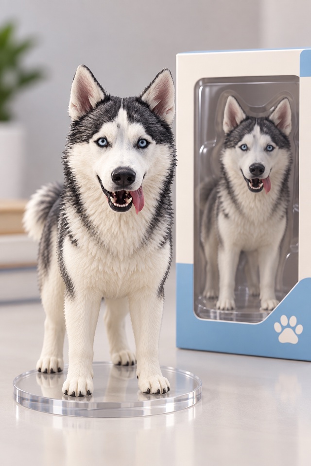 AI image of a Siberian Husky as a small collectible figure on a clear stand next to its window display box