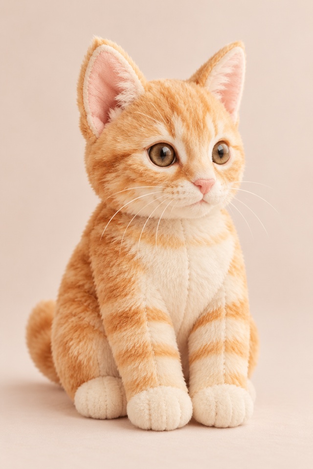 AI image of an orange tabby kitten as a soft plush toy on a plain background