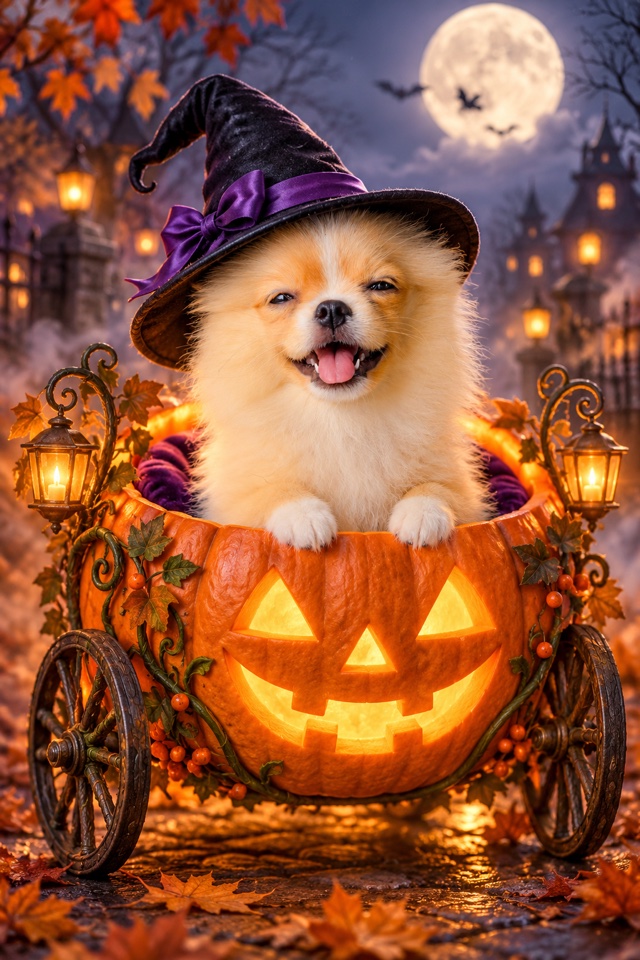 AI image of a Pomeranian wearing a witch hat in a glowing jack-o'-lantern carriage under a full moon