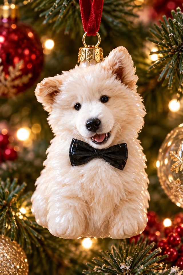 AI image of a white Samoyed puppy as a glossy Christmas ornament hanging on a decorated tree