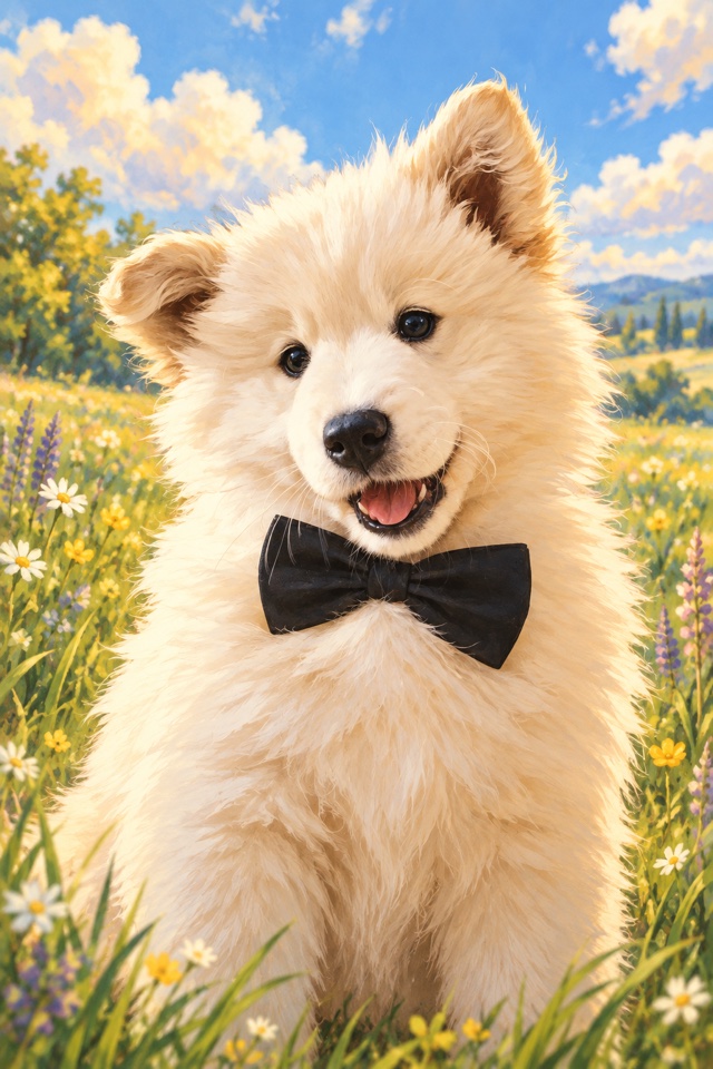 AI image of a white Samoyed puppy in a soft hand-painted anime style, sitting in a sunny meadow under summer clouds